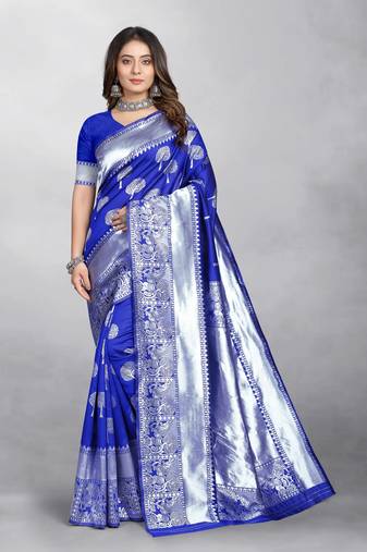 Royal Blue Banarasi silk blend Zari Woven Floral Design Weaving Border With Blouse