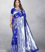 Royal Blue Banarasi silk blend Zari Woven Floral Design Weaving Border With Blouse