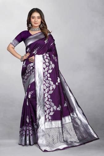 Purple Banarasi silk blend Zari Woven Floral Design Weaving Border With Blouse
