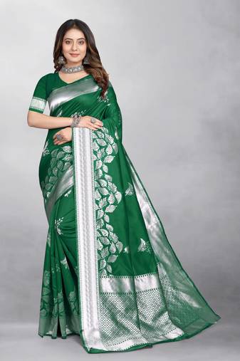 Green Banarasi silk blend Zari Woven Floral Design Weaving Border With Blouse