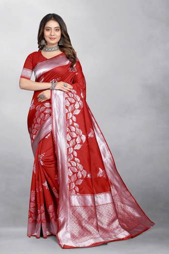 Red Banarasi silk blend Zari Woven Floral Design Weaving Border With Blouse