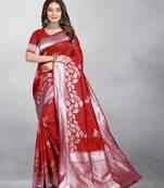Red Banarasi silk blend Zari Woven Floral Design Weaving Border With Blouse
