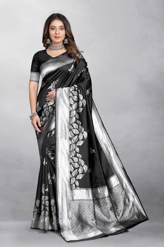 Black Banarasi silk blend Zari Woven Floral Design Weaving Border With Blouse