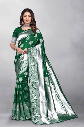 Green Banarasi silk blend Zari Woven Floral Design Weaving Border With Blouse