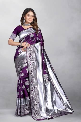 Purple Banarasi silk blend Zari Woven Floral Design Weaving Border With Blouse