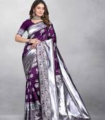 Purple Banarasi silk blend Zari Woven Floral Design Weaving Border With Blouse