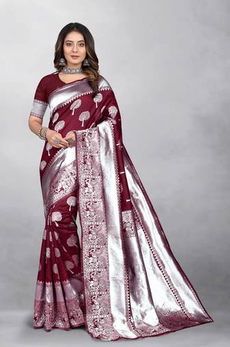 Maroon Banarasi silk blend Zari Woven Floral Design Weaving Border With Blouse