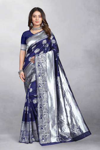 Blue Banarasi silk blend Zari Woven Floral Design Weaving Border With Blouse