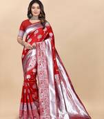 Red Banarasi silk blend Zari Woven Floral Design Weaving Border With Blouse