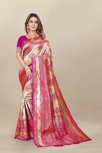 Pink Banarasi silk blend Zari Woven Floral Design Weaving Border With Blouse