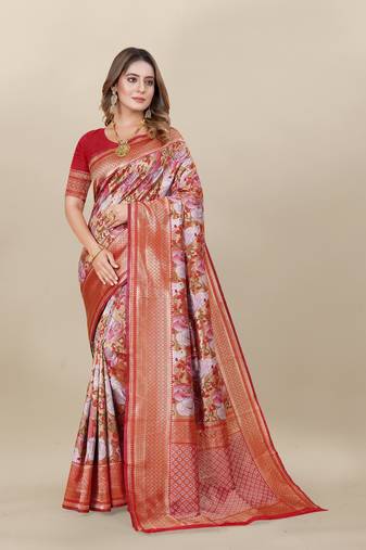 Red Banarasi silk blend Zari Woven Floral Design Weaving Border With Blouse
