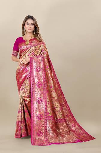Pink Banarasi silk blend Zari Woven Floral Design Weaving Border With Blouse