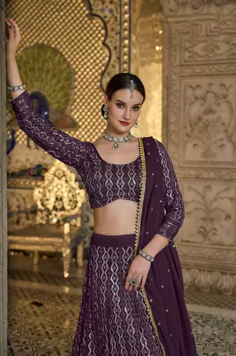 Dark Purple Color faux Georgette Embroidered Lehenga Choli