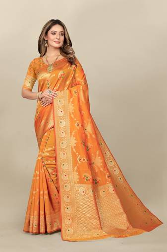 Orange Banarasi silk blend Zari Woven Floral Design Weaving Border With Blouse