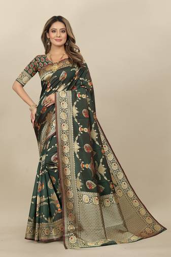 Green Banarasi silk blend Zari Woven Floral Design Weaving Border With Blouse