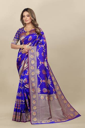 Royal Blue Banarasi silk blend Zari Woven Floral Design Weaving Border With Blouse