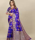 Royal Blue Banarasi silk blend Zari Woven Floral Design Weaving Border With Blouse
