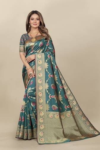 Green Banarasi silk blend Zari Woven Floral Design Weaving Border With Blouse