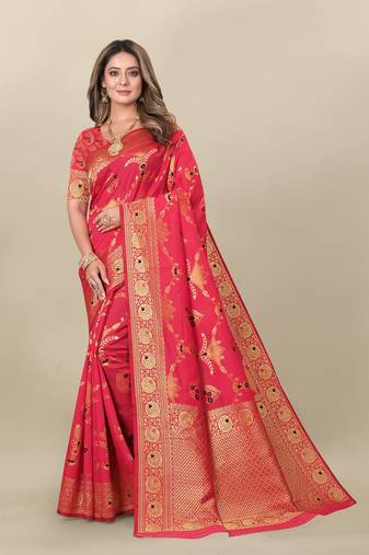 Pink Banarasi silk blend Zari Woven Floral Design Weaving Border With Blouse