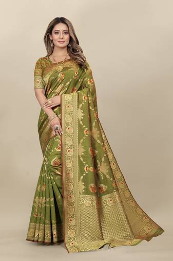 Green Banarasi silk blend Zari Woven Floral Design Weaving Border With Blouse