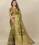 Green Banarasi silk blend Zari Woven Floral Design Weaving Border With Blouse