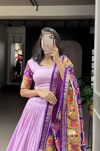 Yana Fab Tussar Silk Patola Print Purple Lehenga Choli Set