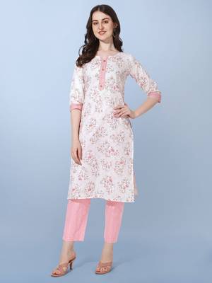 Light Pink Jaipuri Floral Printed Cotton Straight Fit Kurta And Trouser 1