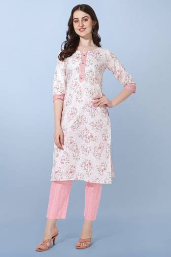 Light Pink Jaipuri Floral Printed Cotton Straight Fit Kurta And Trouser