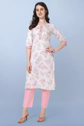 Light Pink Jaipuri Floral Printed Cotton Straight Fit Kurta And Trouser