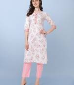 Light Pink Jaipuri Floral Printed Cotton Straight Fit Kurta And Trouser
