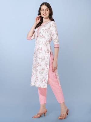 Light Pink Jaipuri Floral Printed Cotton Straight Fit Kurta And Trouser 2