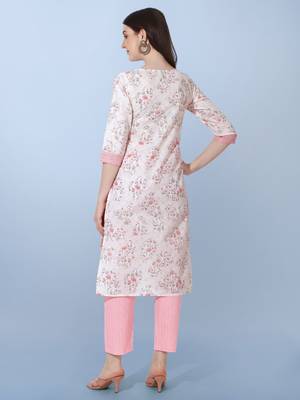 Light Pink Jaipuri Floral Printed Cotton Straight Fit Kurta And Trouser 3