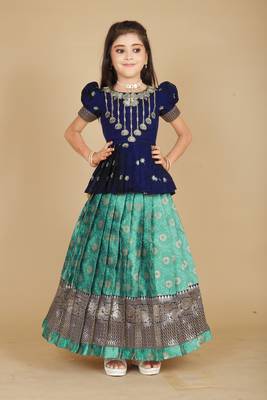 Kids Blue New south Indian traditional pattu pavadai Jacquard Lehenga choli for girls dress 1