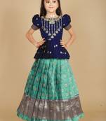 Kids Blue New south Indian traditional pattu pavadai Jacquard Lehenga choli for girls dress