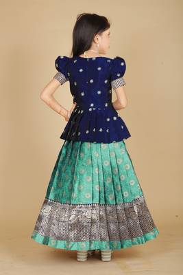 Kids Blue New south Indian traditional pattu pavadai Jacquard Lehenga choli for girls dress 2