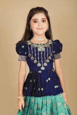 Kids Blue New south Indian traditional pattu pavadai Jacquard Lehenga choli for girls dress 3