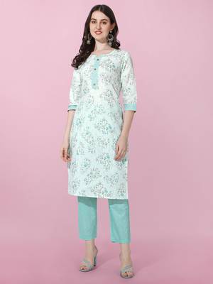 Light Turquoise Jaipuri Floral Printed Cotton Straight Fit Kurta And Trouser 1