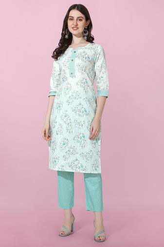 Light Turquoise Jaipuri Floral Printed Cotton Straight Fit Kurta And Trouser