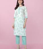 Light Turquoise Jaipuri Floral Printed Cotton Straight Fit Kurta And Trouser