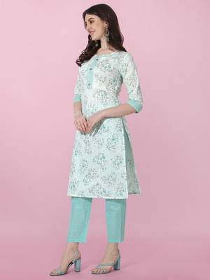 Light Turquoise Jaipuri Floral Printed Cotton Straight Fit Kurta And Trouser 2