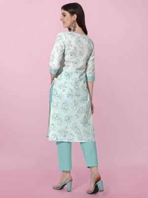 Light Turquoise Jaipuri Floral Printed Cotton Straight Fit Kurta And Trouser 3