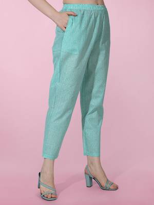 Light Turquoise Jaipuri Floral Printed Cotton Straight Fit Kurta And Trouser 4