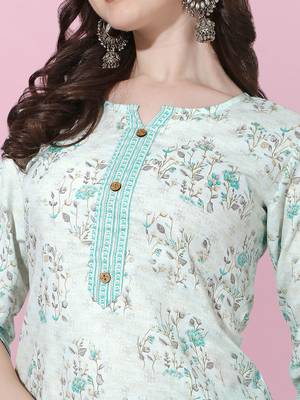 Light Turquoise Jaipuri Floral Printed Cotton Straight Fit Kurta And Trouser 5