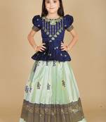Kids Blue New south Indian traditional pattu pavadai Printed Lehenga choli for girls dress