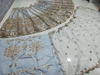 Glamorous Grey Zari with paper mirror Embroidered Net fabric lehenga choli 3