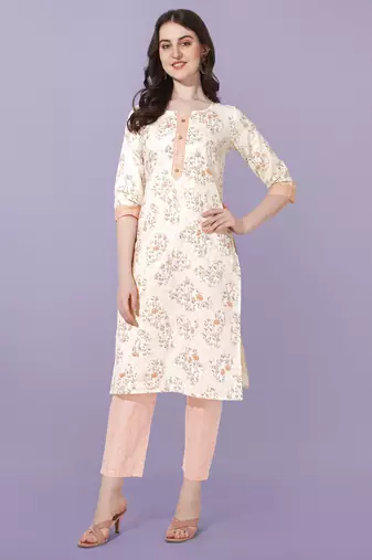 Light Orange, Jaipuri Floral Printed Cotton Straight Fit Kurta And Trouser