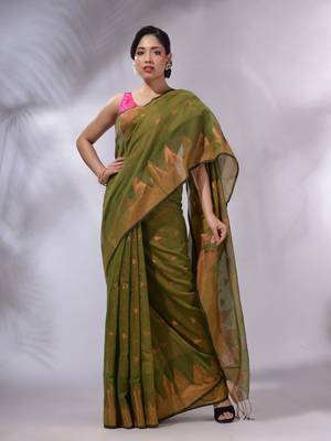 Moss Green Tissue Handwoven Soft Saree With Geometric Designs 1