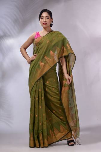 Moss Green Tissue Handwoven Soft Saree With Geometric Designs
