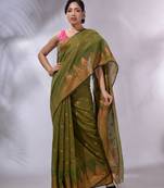 Moss Green Tissue Handwoven Soft Saree With Geometric Designs