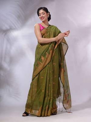 Moss Green Tissue Handwoven Soft Saree With Geometric Designs 2